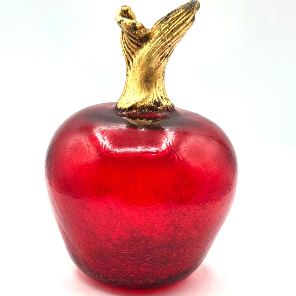 LARGE Mid Century Modern‎ Red Crackle Glass Apple RETRO